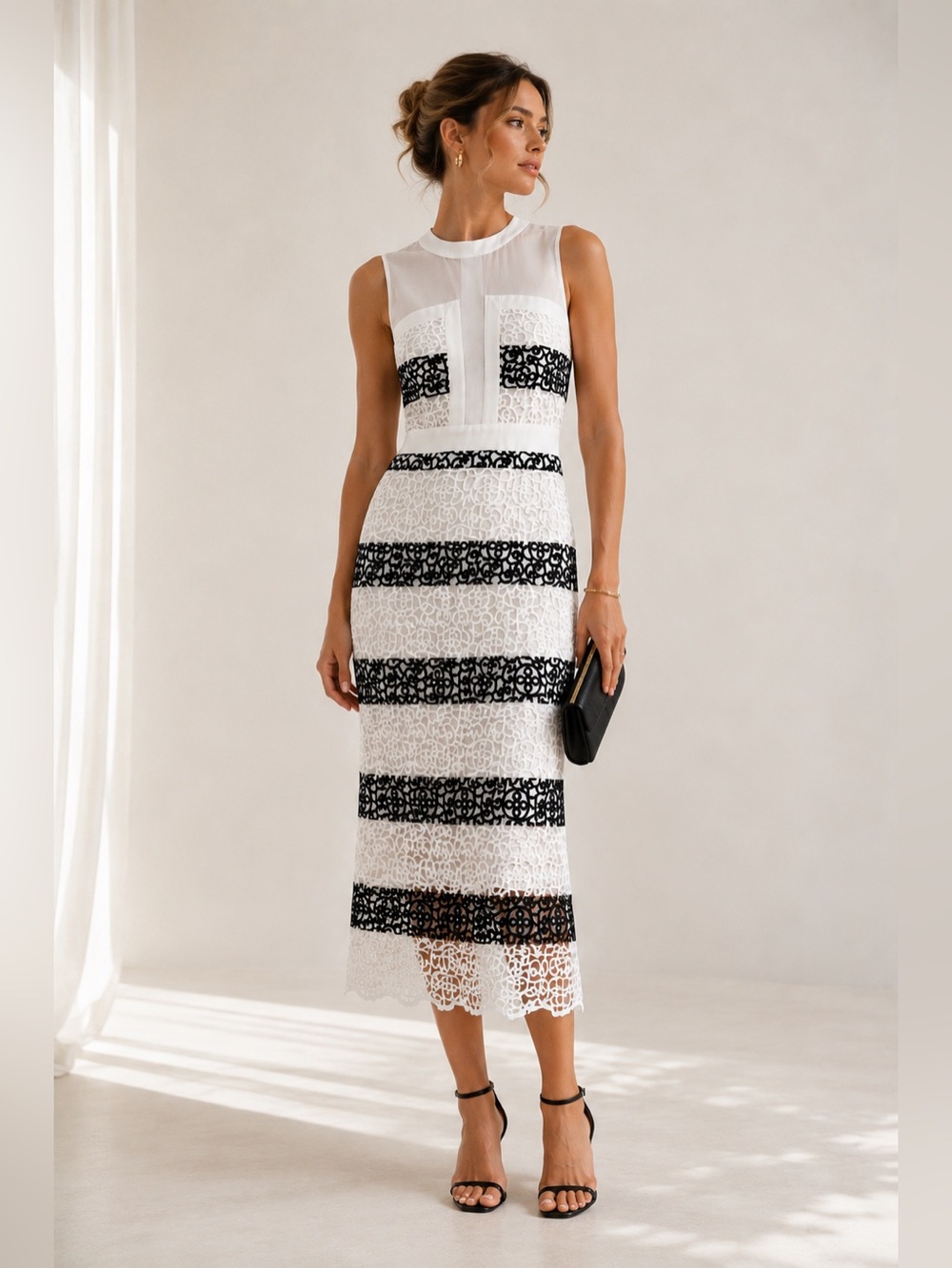 Elliatt Accolade Crochet Lace Midi Dress Black White S